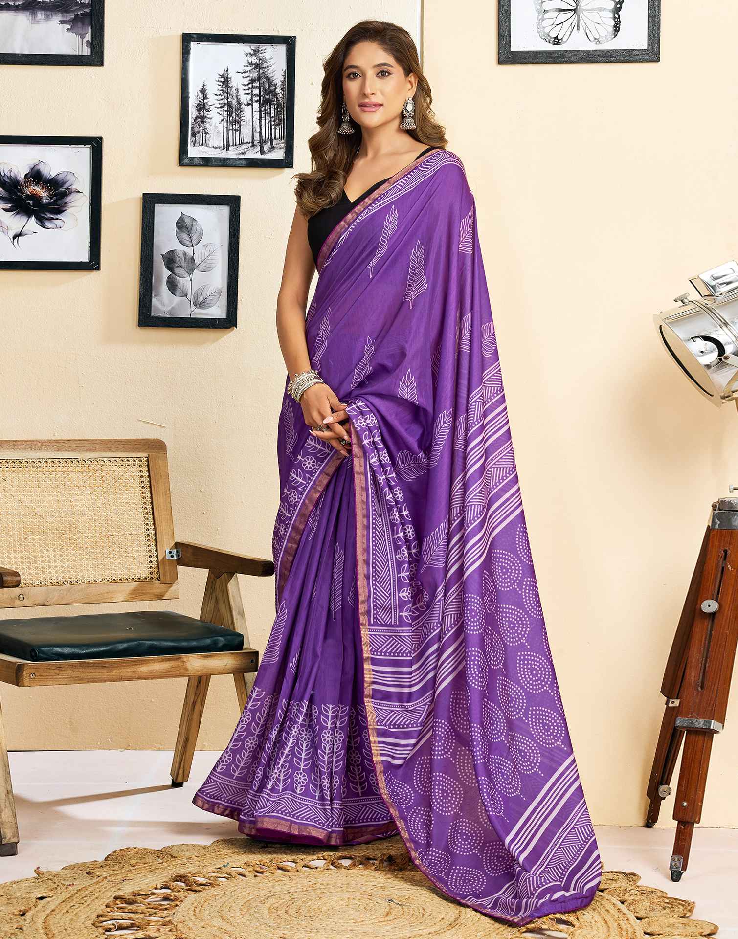 Ready To Wear Purple Linen Printed Saree