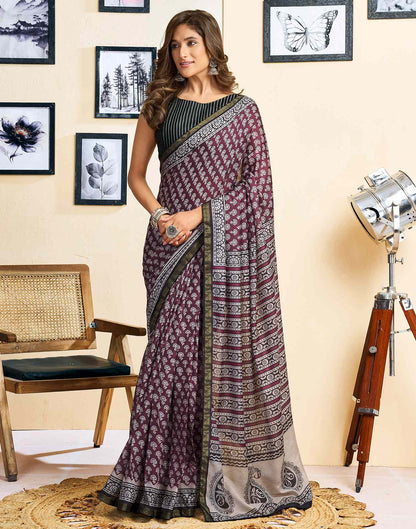 Ready To Wear Coffee Brown Linen Printed Saree