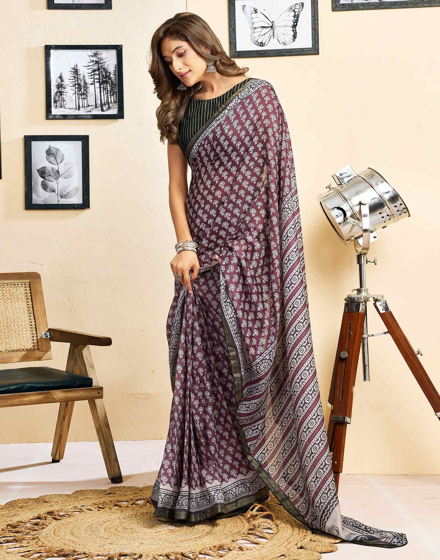 Ready To Wear Coffee Brown Linen Printed Saree