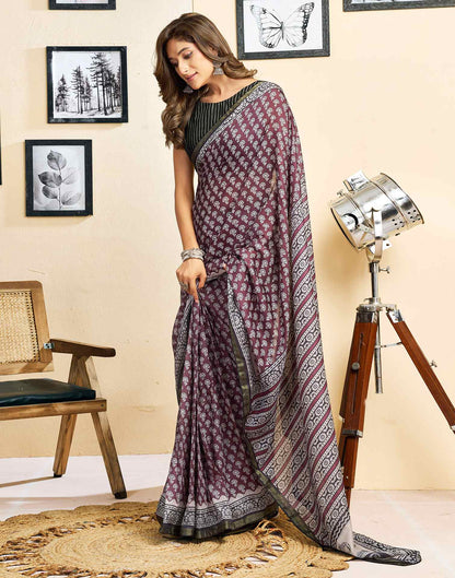 Ready To Wear Coffee Brown Linen Printed Saree