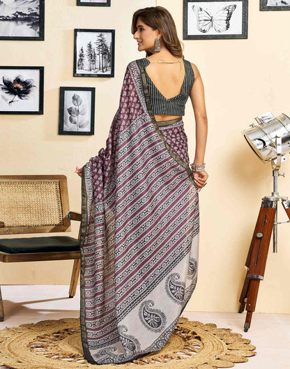 Ready To Wear Coffee Brown Linen Printed Saree