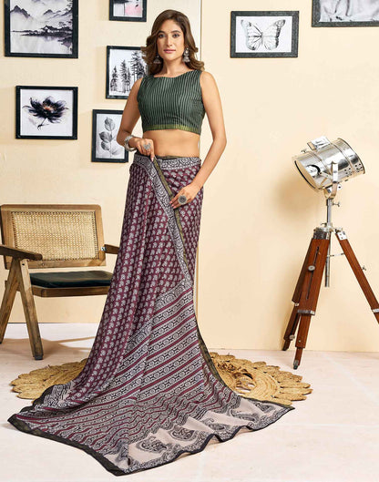Ready To Wear Coffee Brown Linen Printed Saree