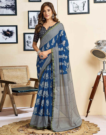 Ready To Wear Blue Linen Printed Saree
