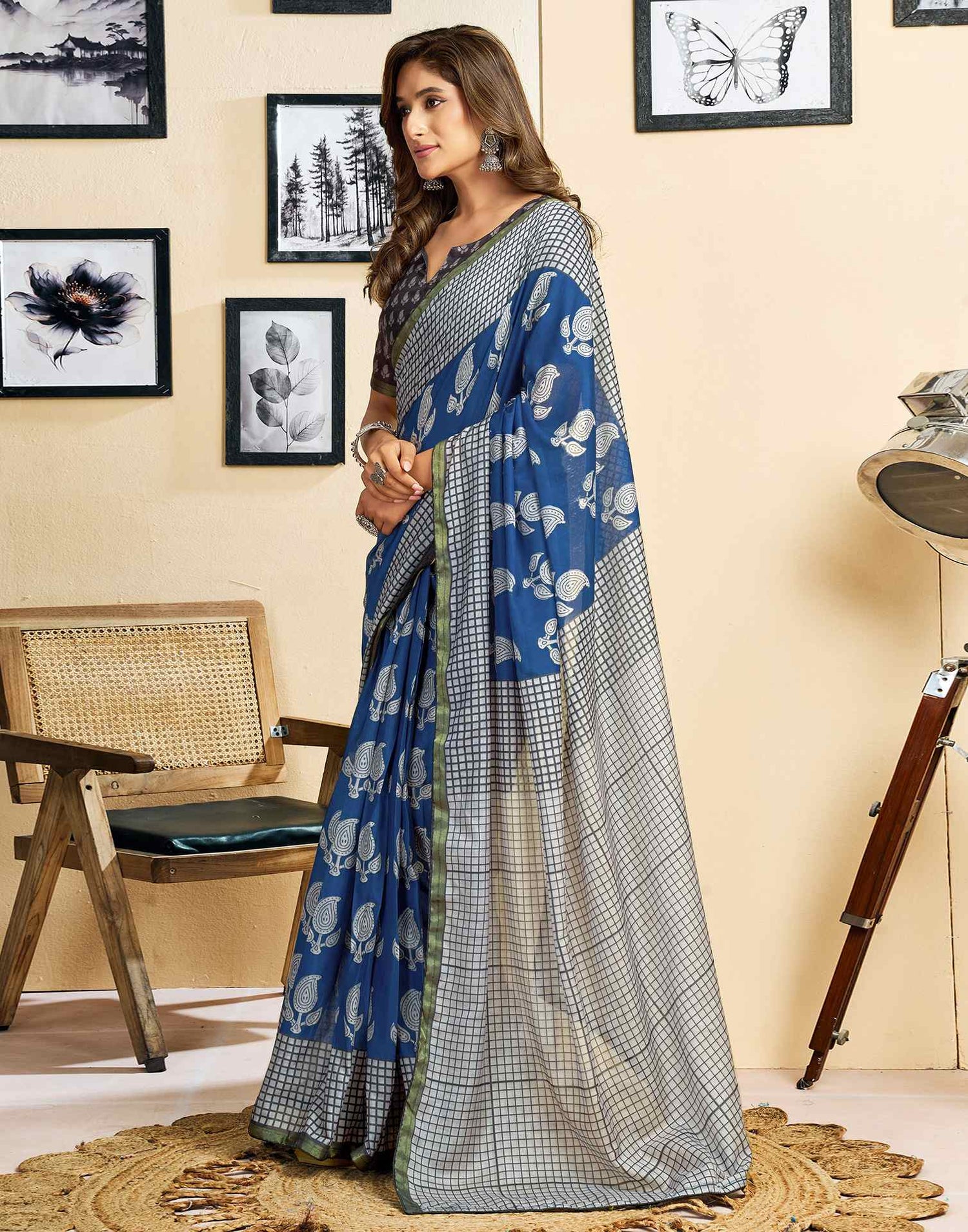Ready To Wear Blue Linen Printed Saree