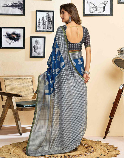 Ready To Wear Blue Linen Printed Saree