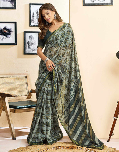 Ready To Wear Grey Linen Printed Saree
