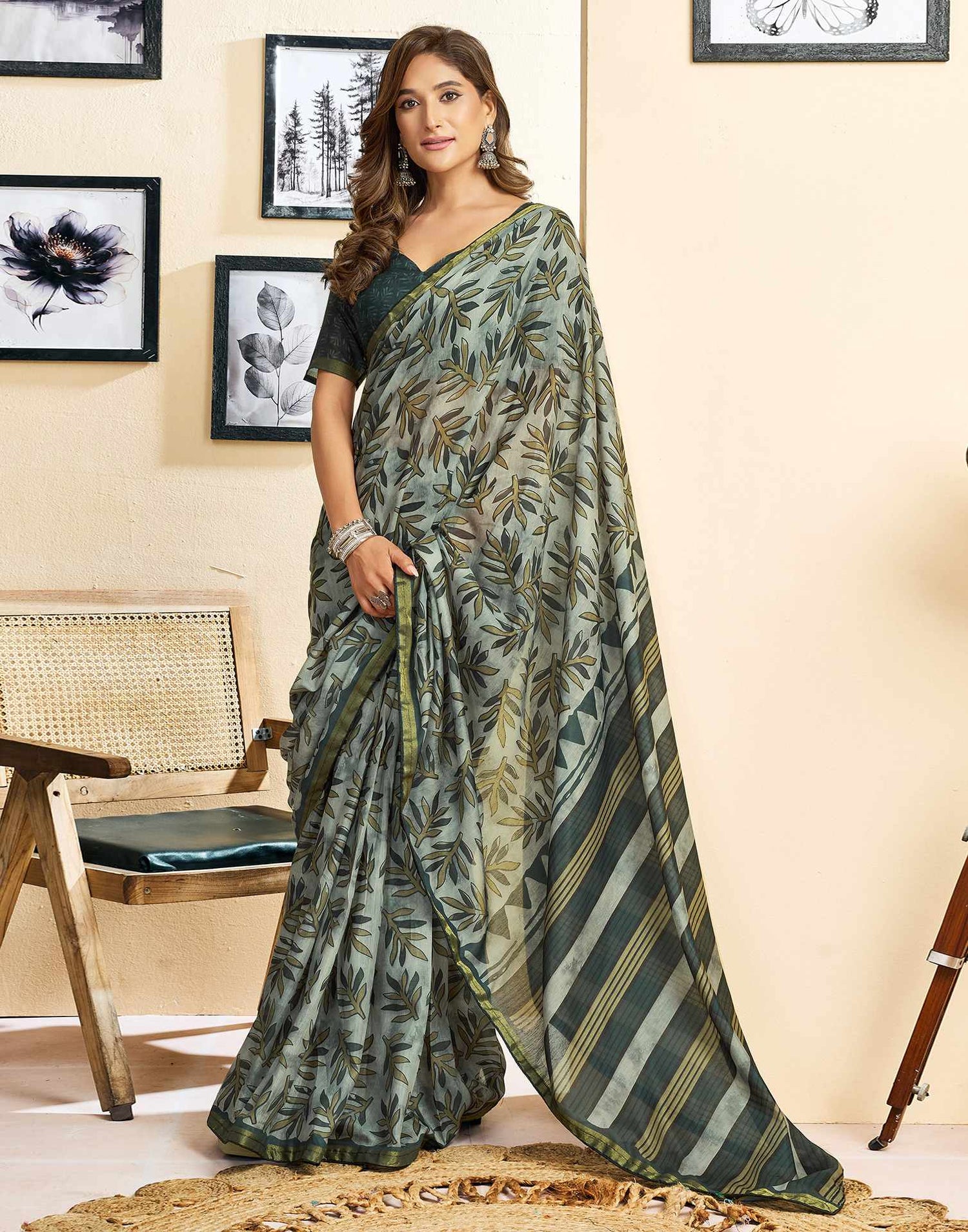 Ready To Wear Grey Linen Printed Saree