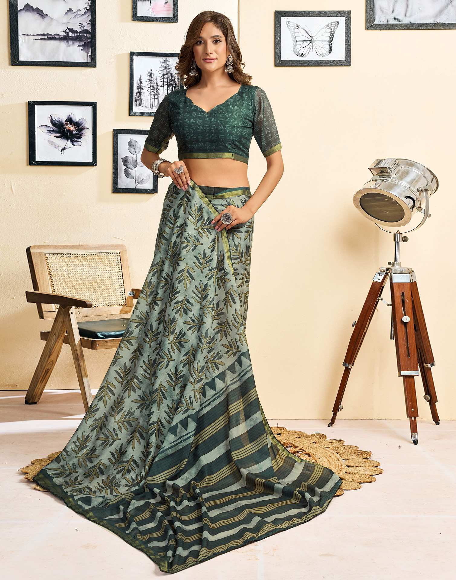 Ready To Wear Grey Linen Printed Saree