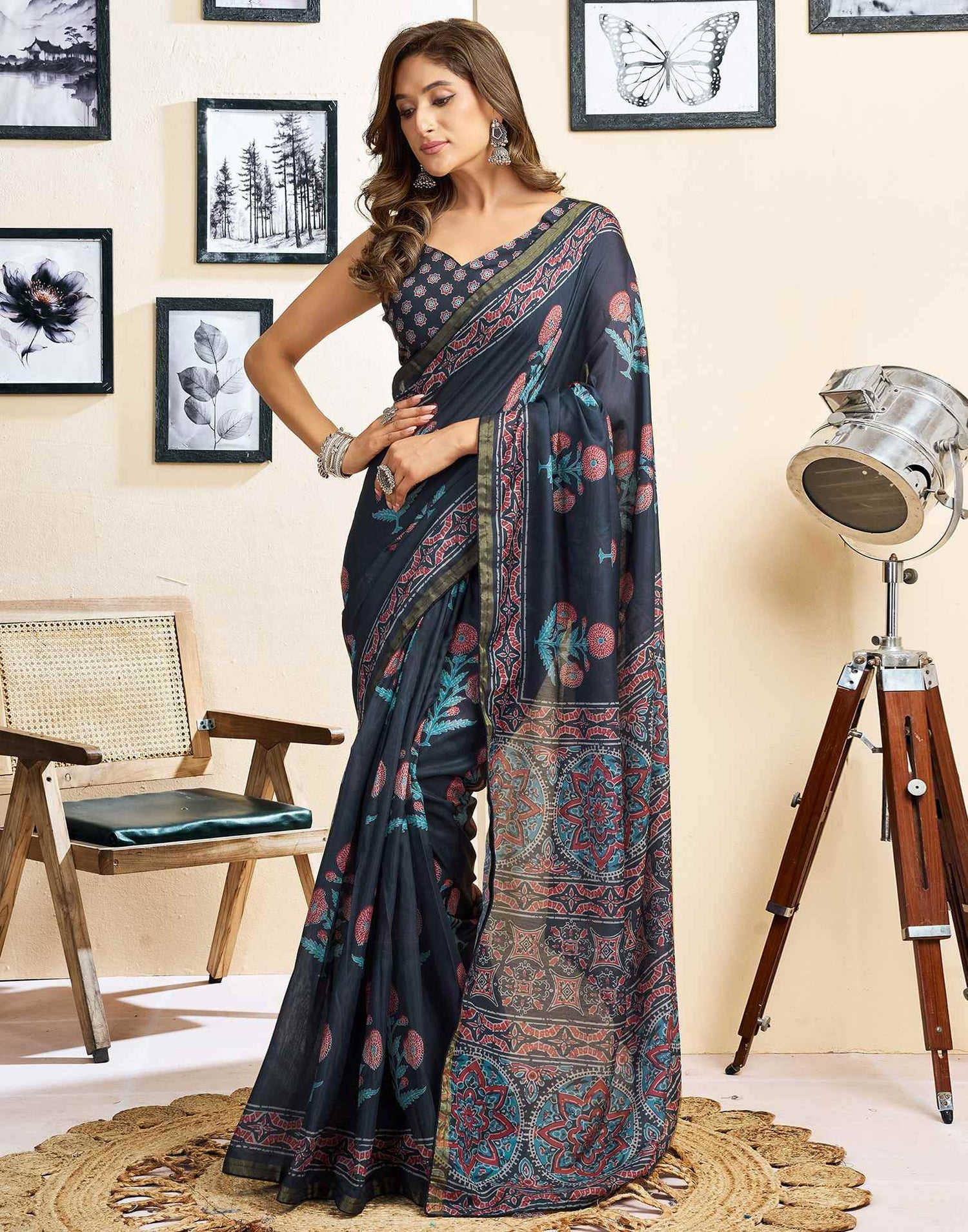 Ready To Wear Navy Blue Linen Floral Printed Saree