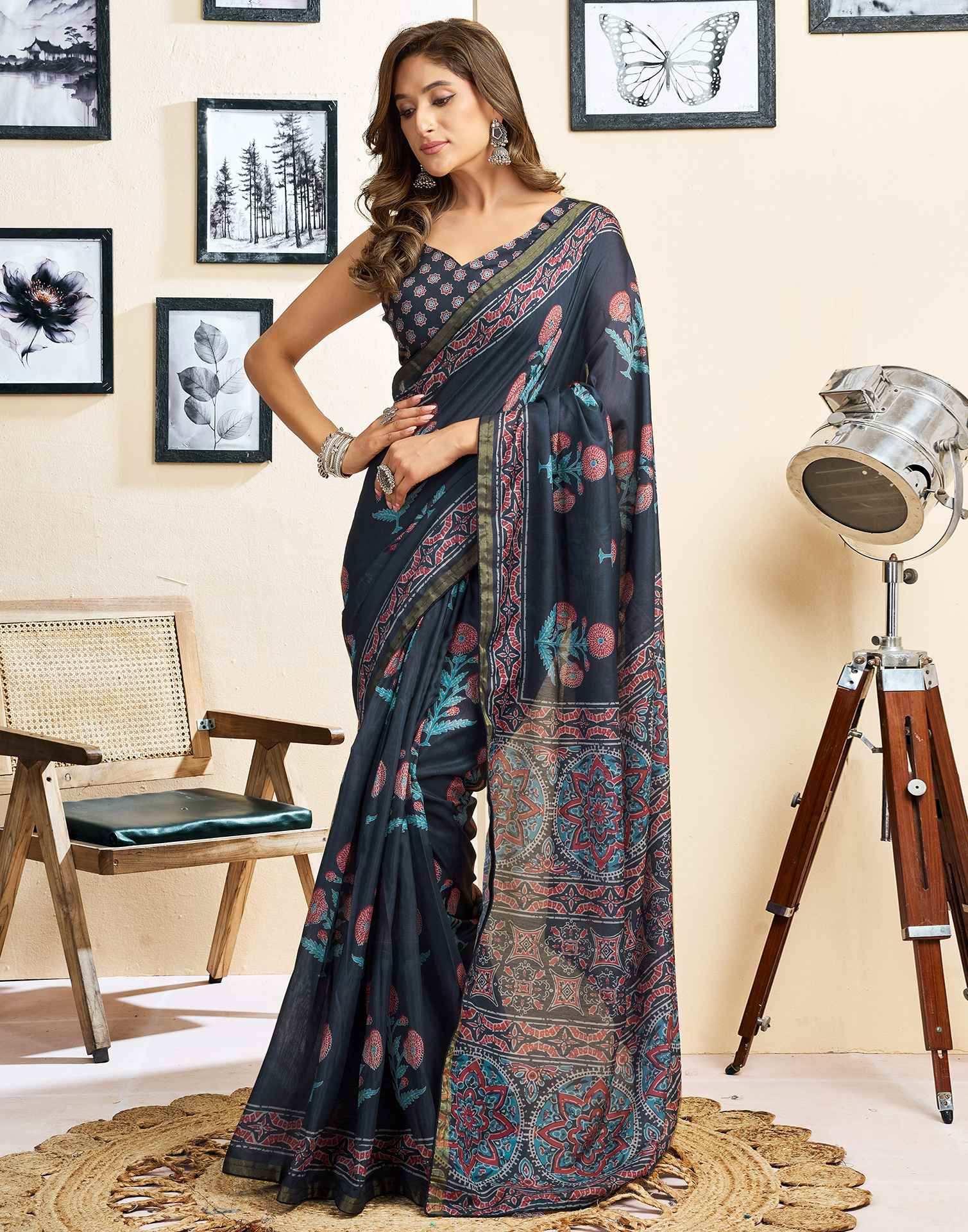 Ready To Wear Navy Blue Linen Floral Printed Saree
