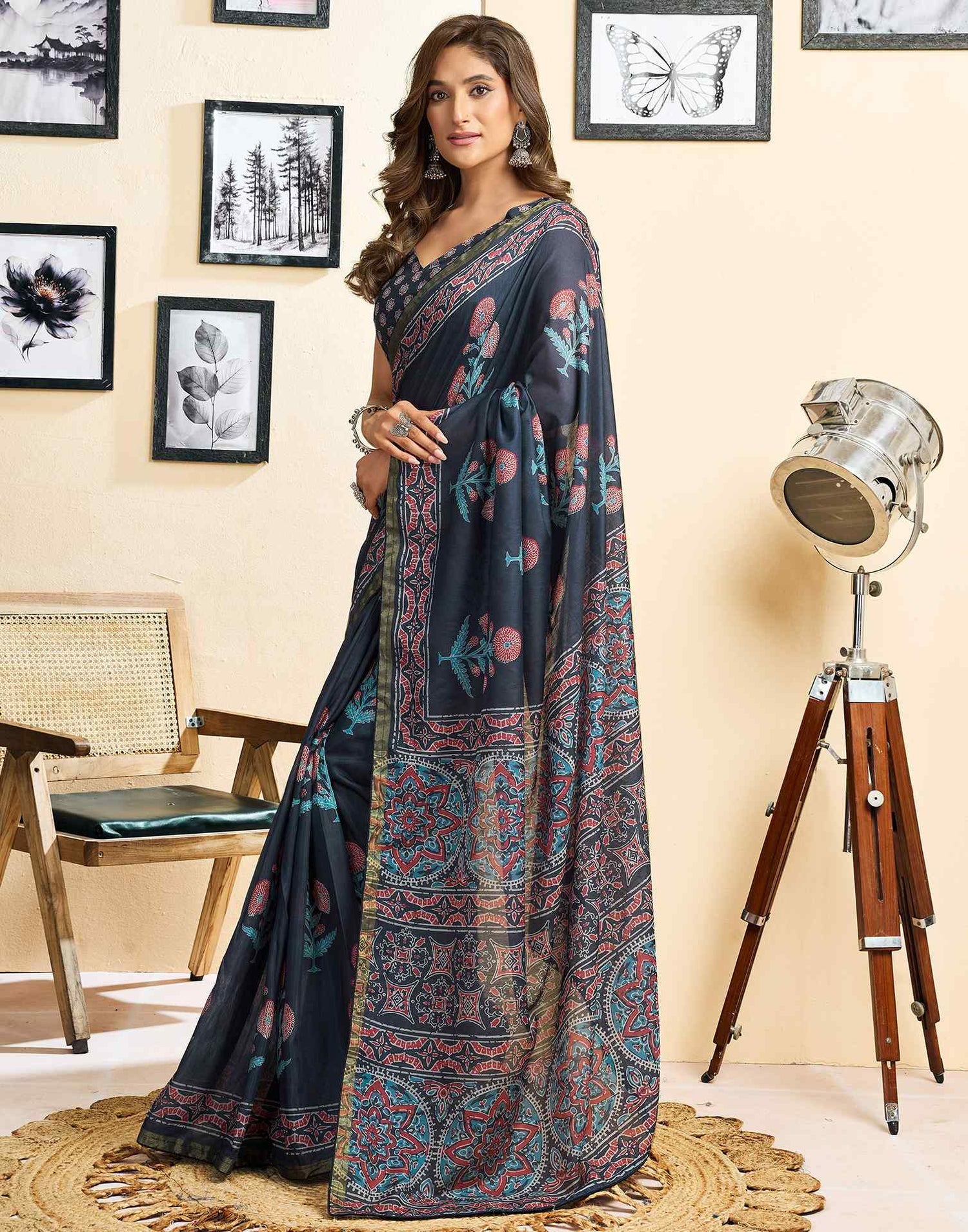 Ready To Wear Navy Blue Linen Floral Printed Saree