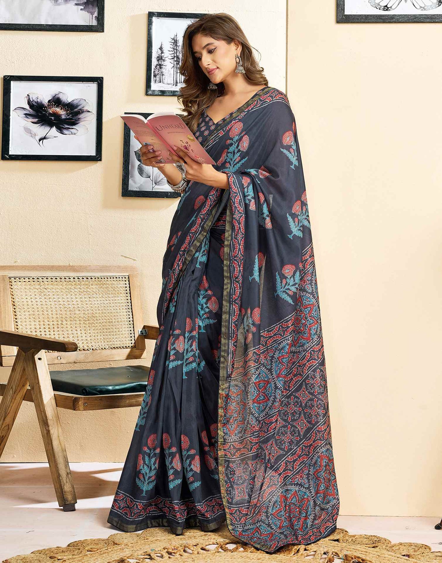 Ready To Wear Navy Blue Linen Floral Printed Saree