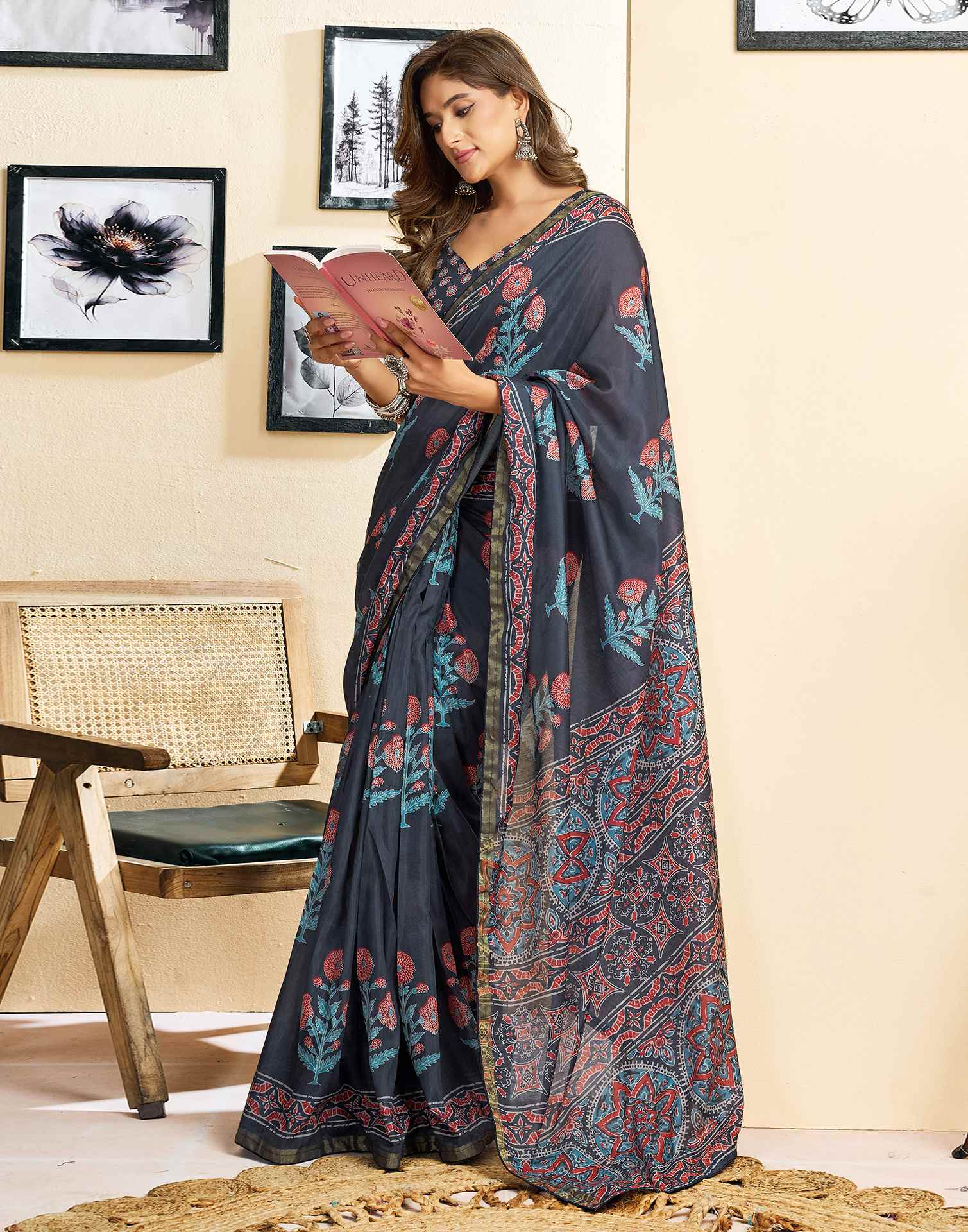 Ready To Wear Navy Blue Linen Floral Printed Saree