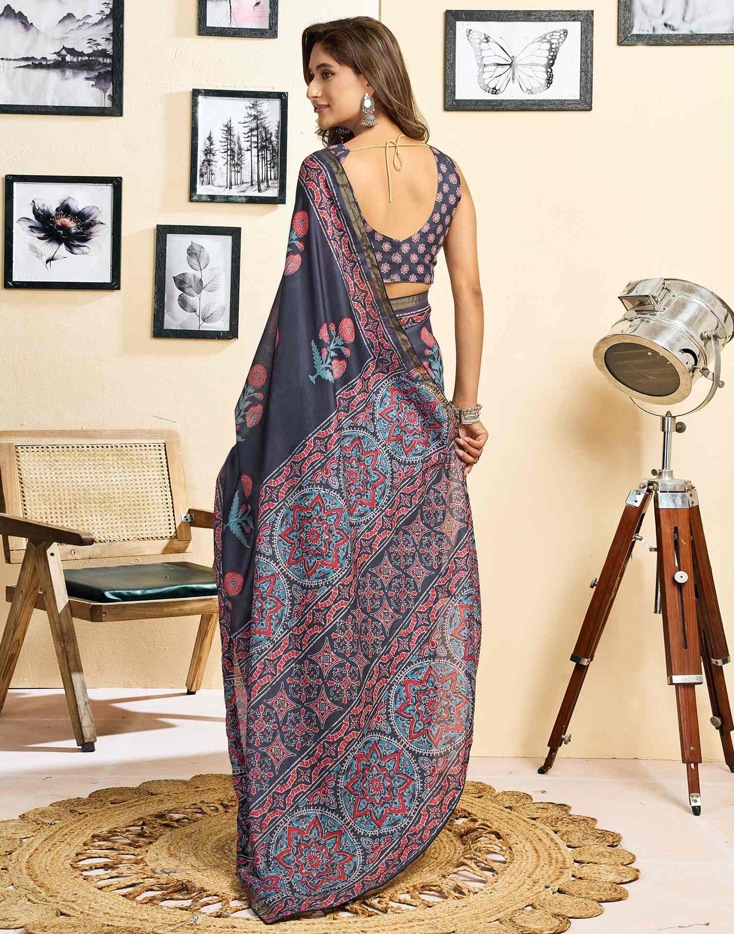 Ready To Wear Navy Blue Linen Floral Printed Saree