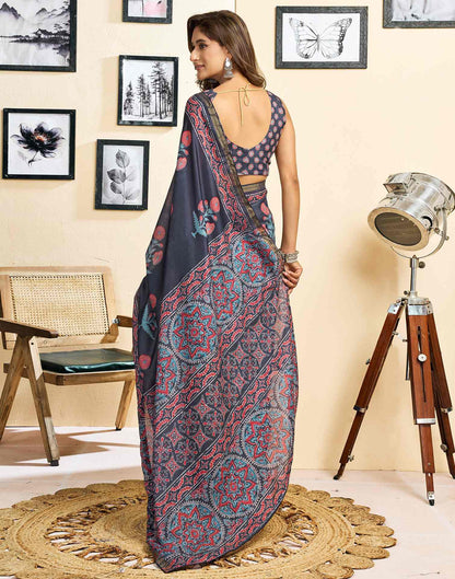 Ready To Wear Navy Blue Linen Floral Printed Saree