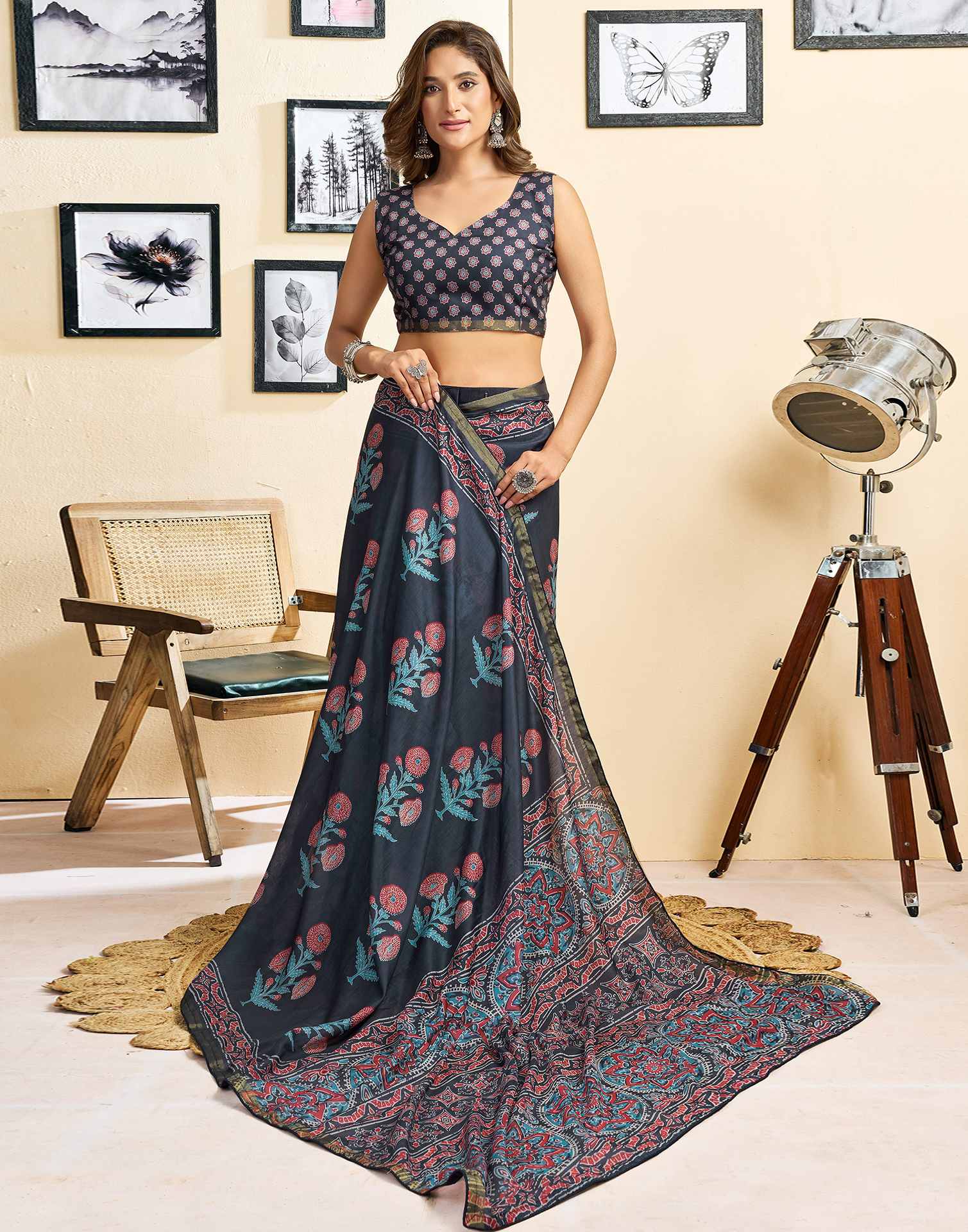 Ready To Wear Navy Blue Linen Floral Printed Saree