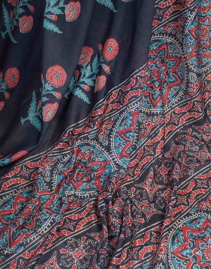 Ready To Wear Navy Blue Linen Floral Printed Saree