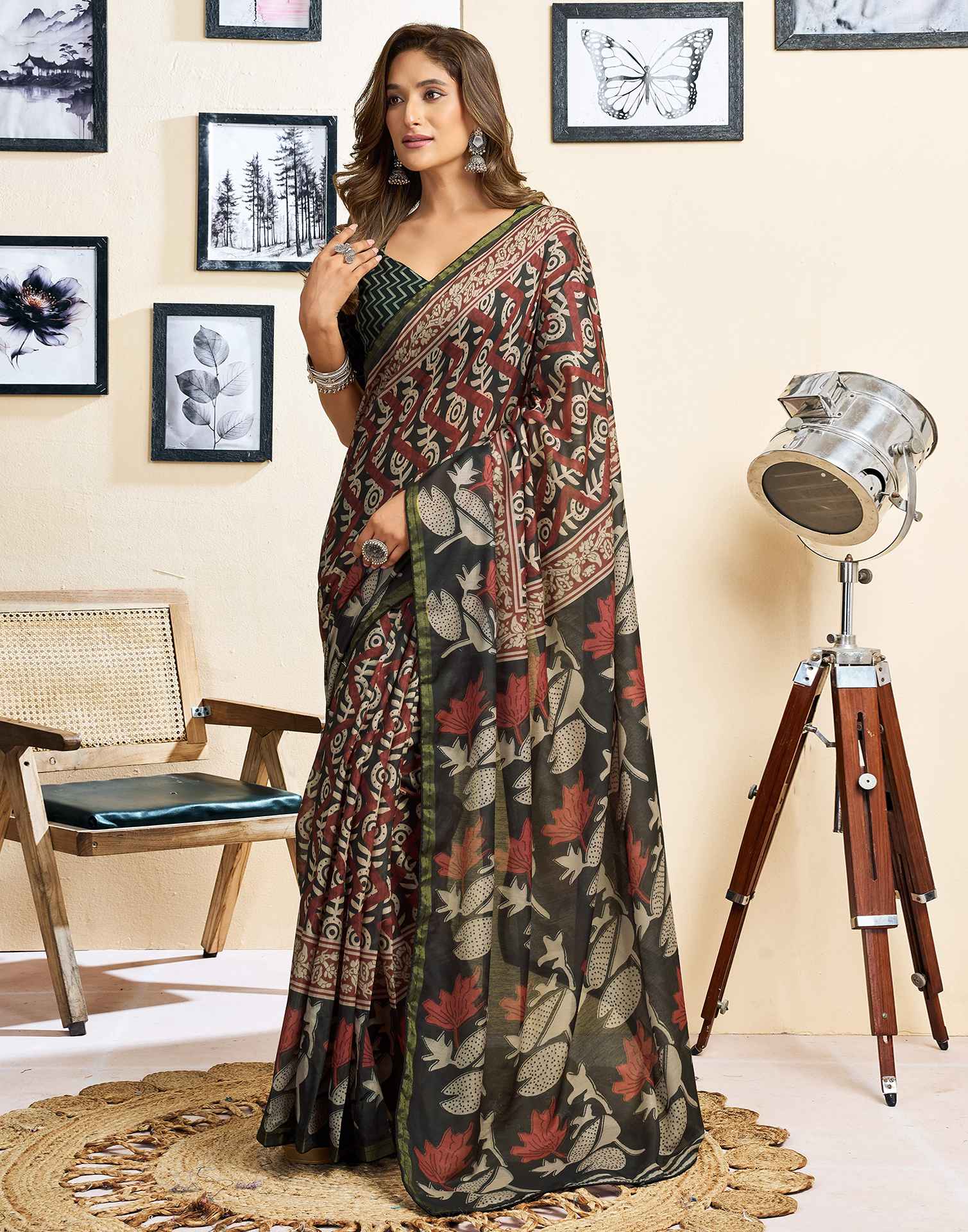 Ready To Wear Grey Linen Printed Saree