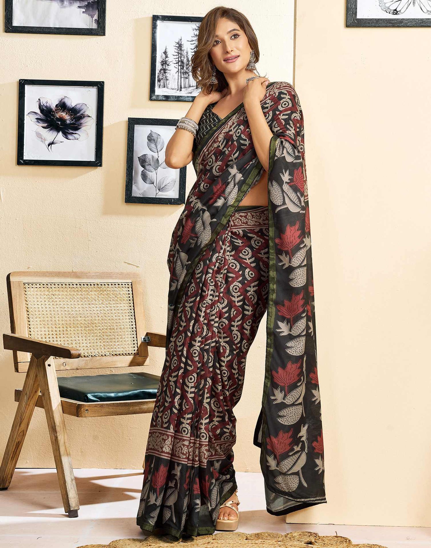 Ready To Wear Grey Linen Printed Saree