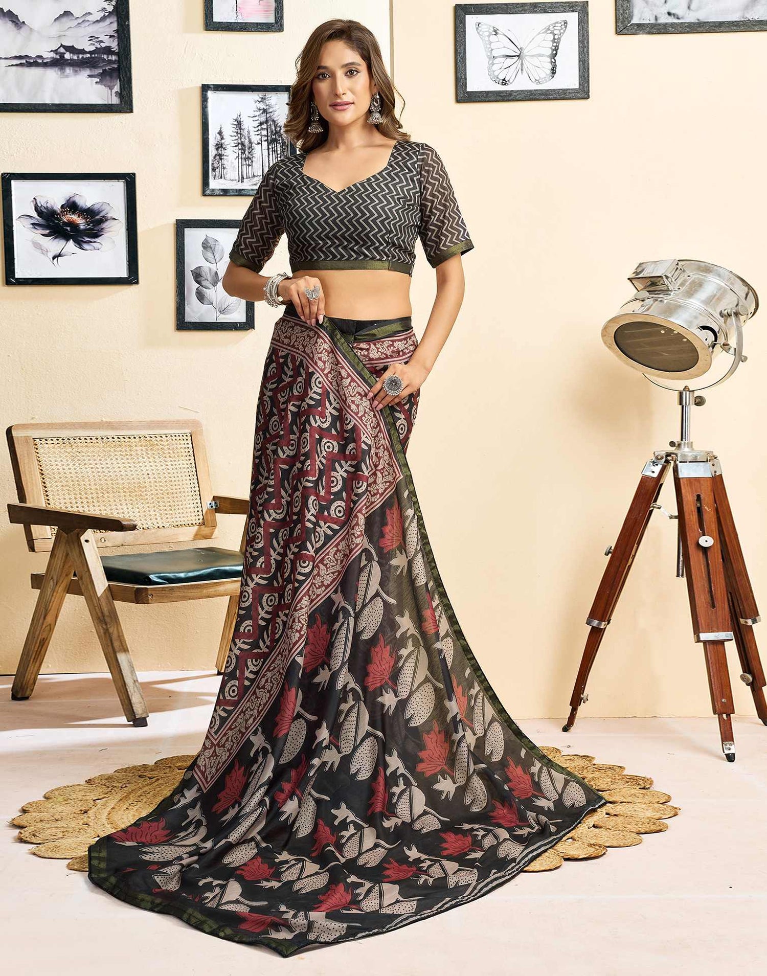 Ready To Wear Grey Linen Printed Saree