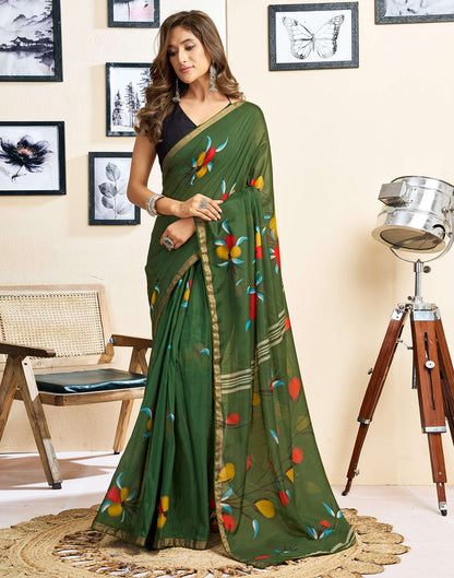 Ready To Wear Green Linen Floral Printed Saree