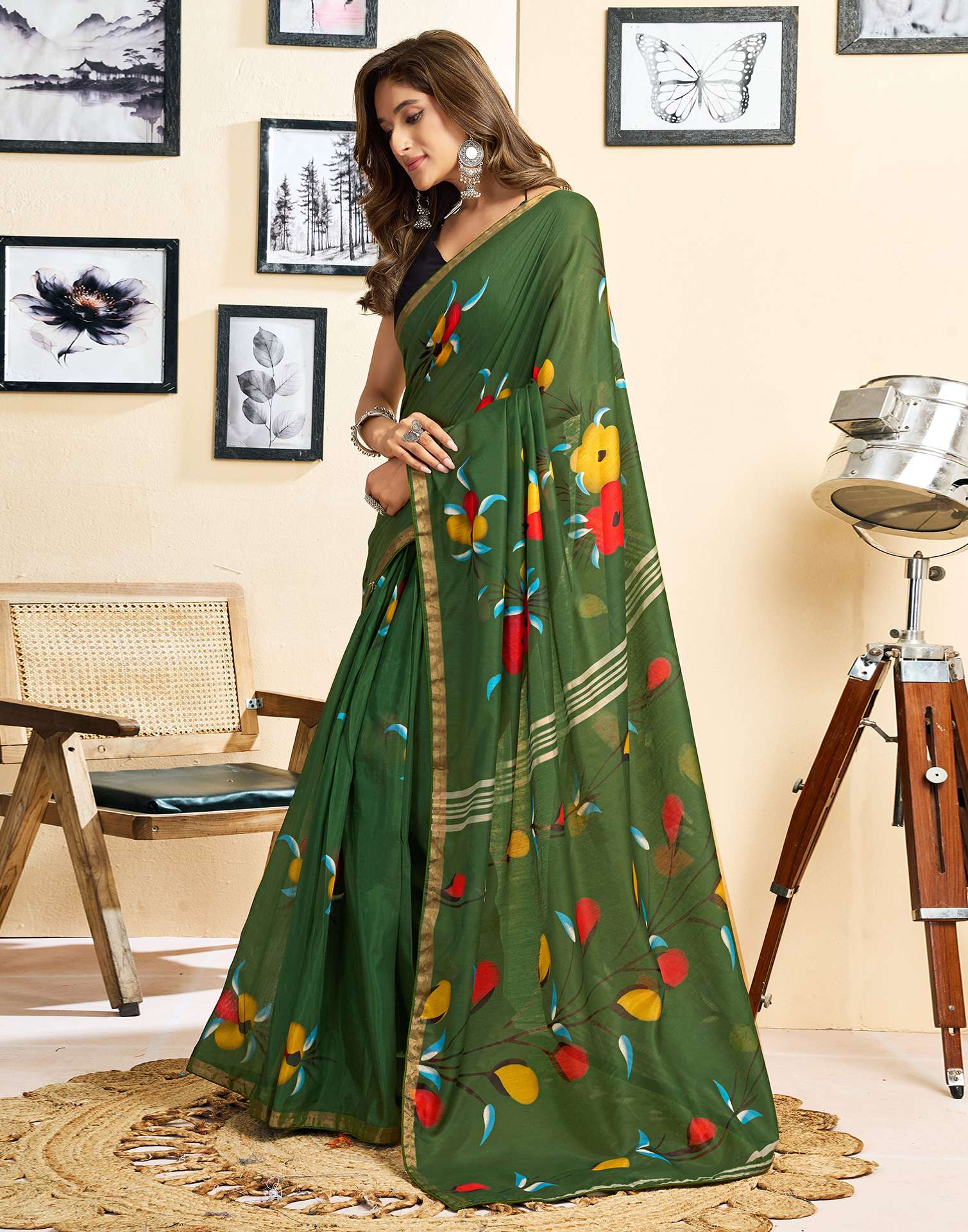 Ready To Wear Green Linen Floral Printed Saree