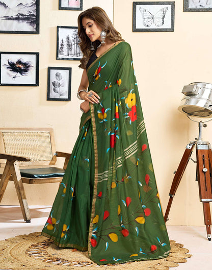 Ready To Wear Green Linen Floral Printed Saree