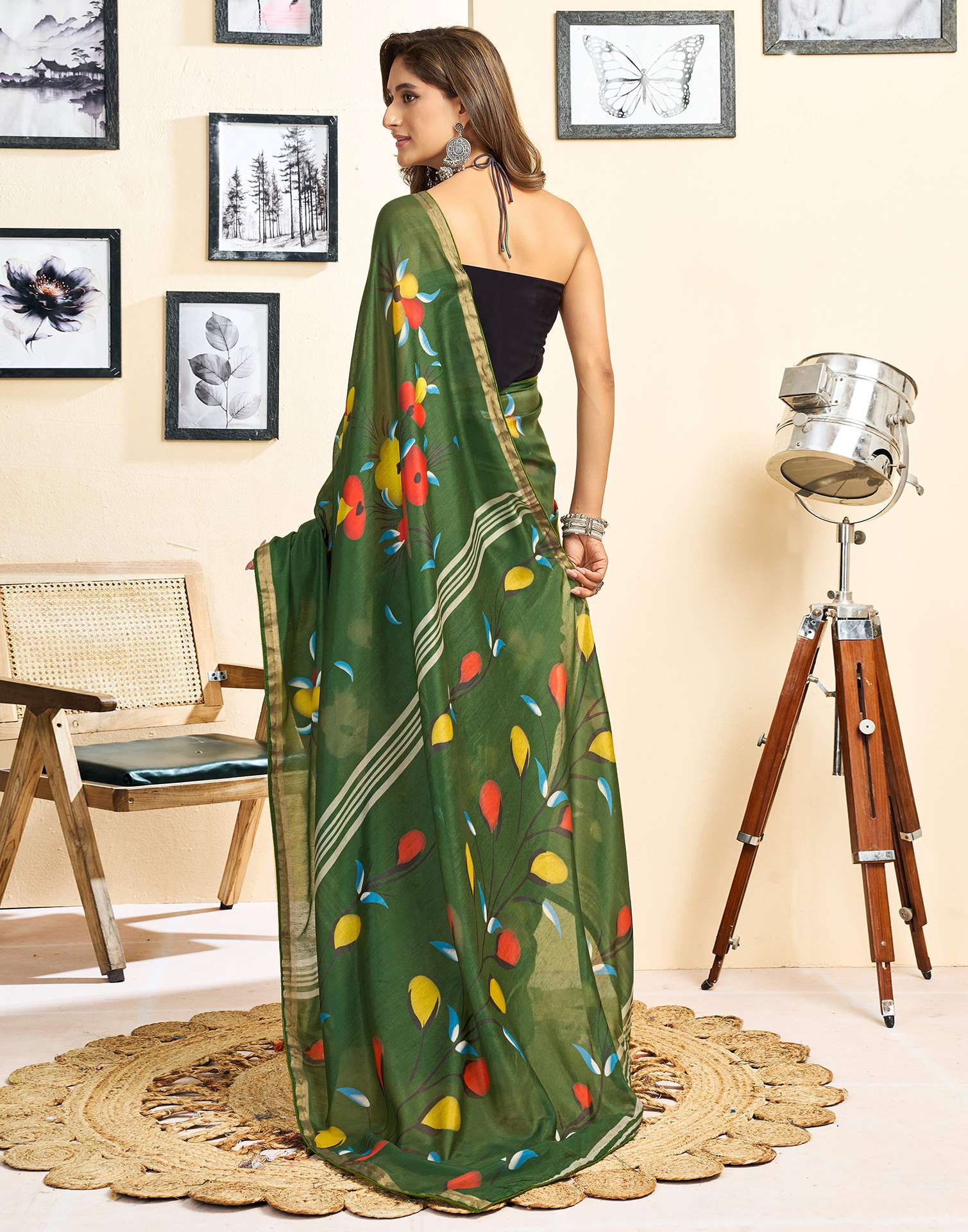 Ready To Wear Green Linen Floral Printed Saree