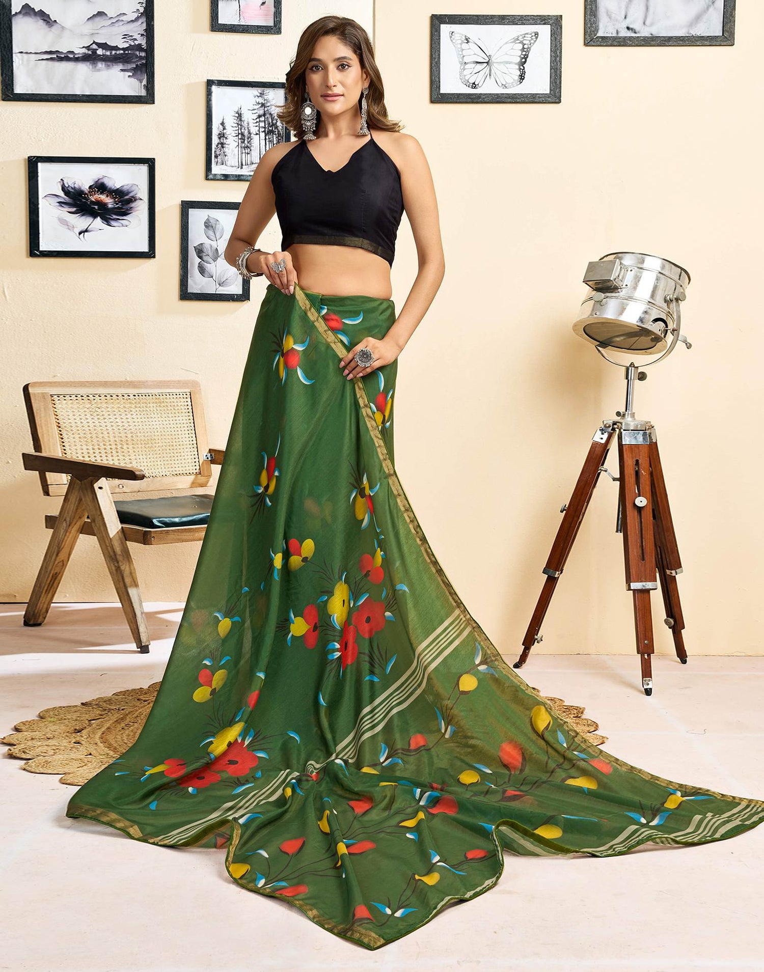 Ready To Wear Green Linen Floral Printed Saree
