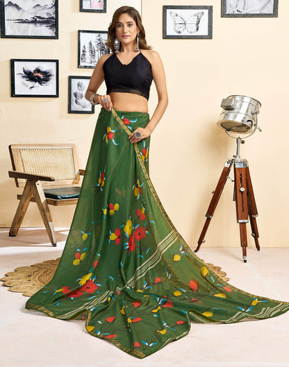 Ready To Wear Green Linen Floral Printed Saree
