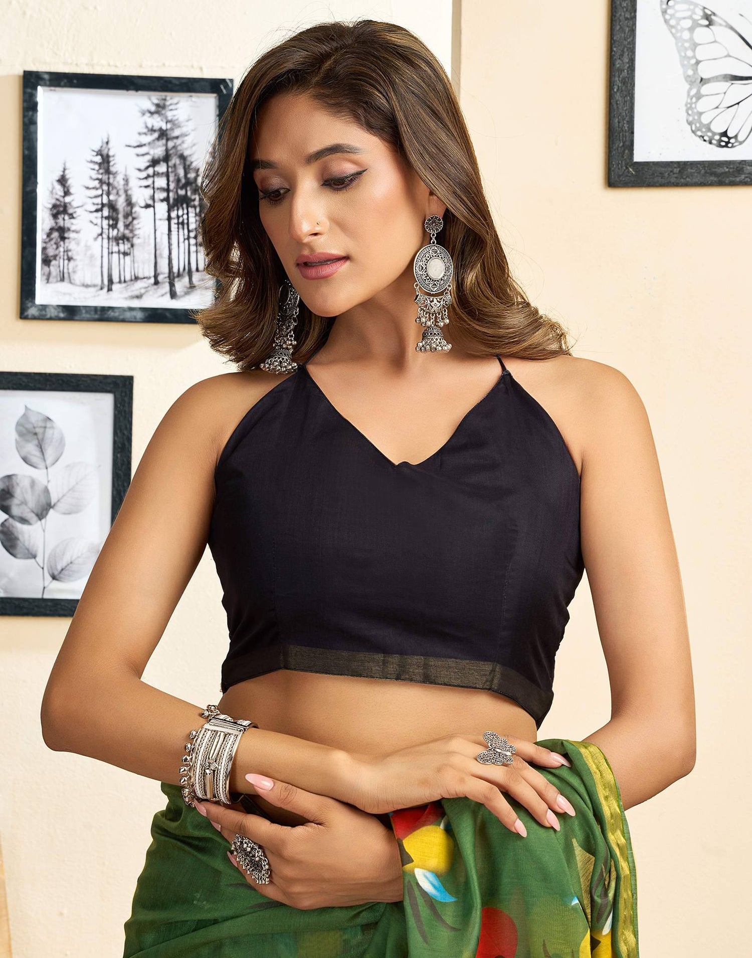 Ready To Wear Green Linen Floral Printed Saree