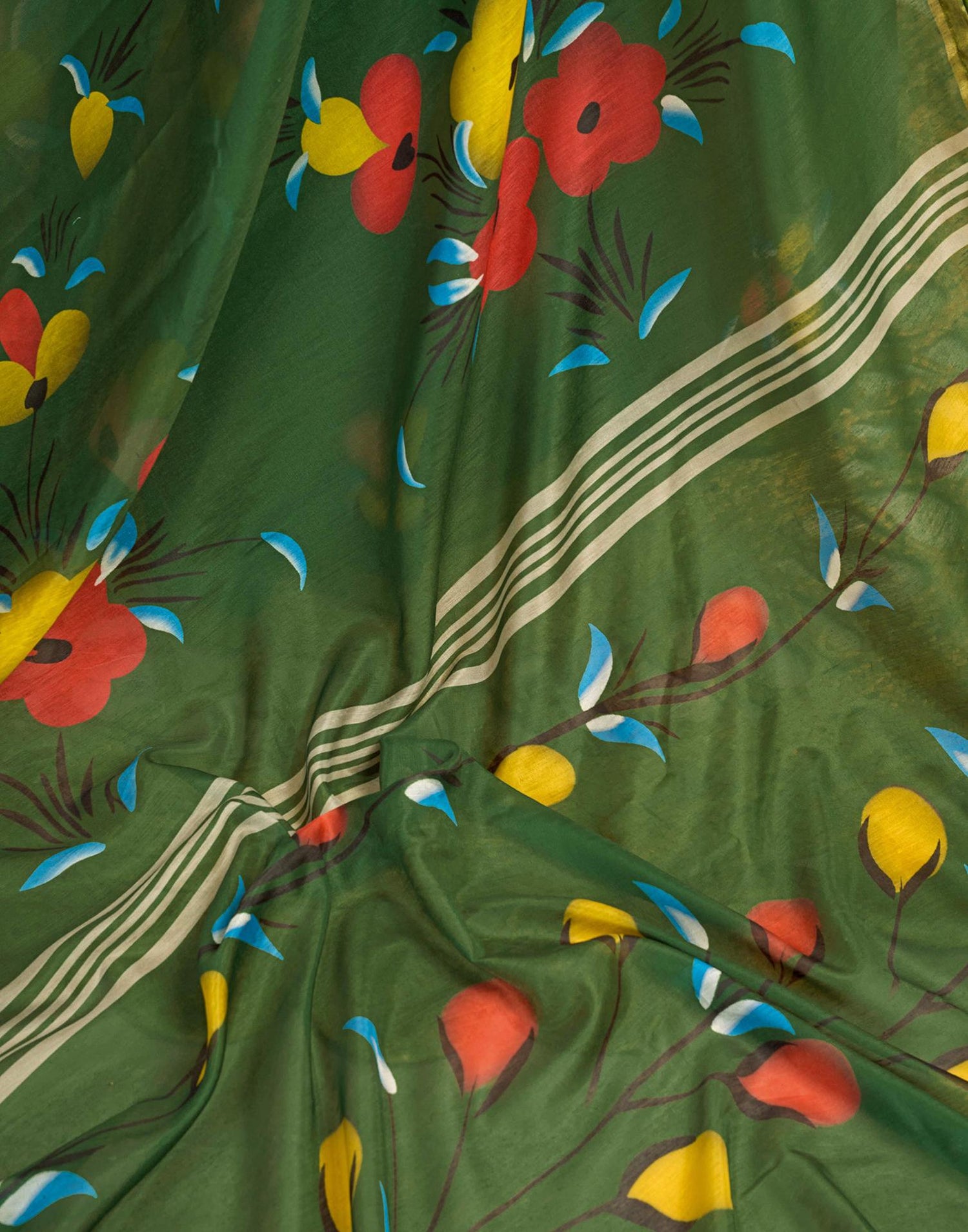 Ready To Wear Green Linen Floral Printed Saree