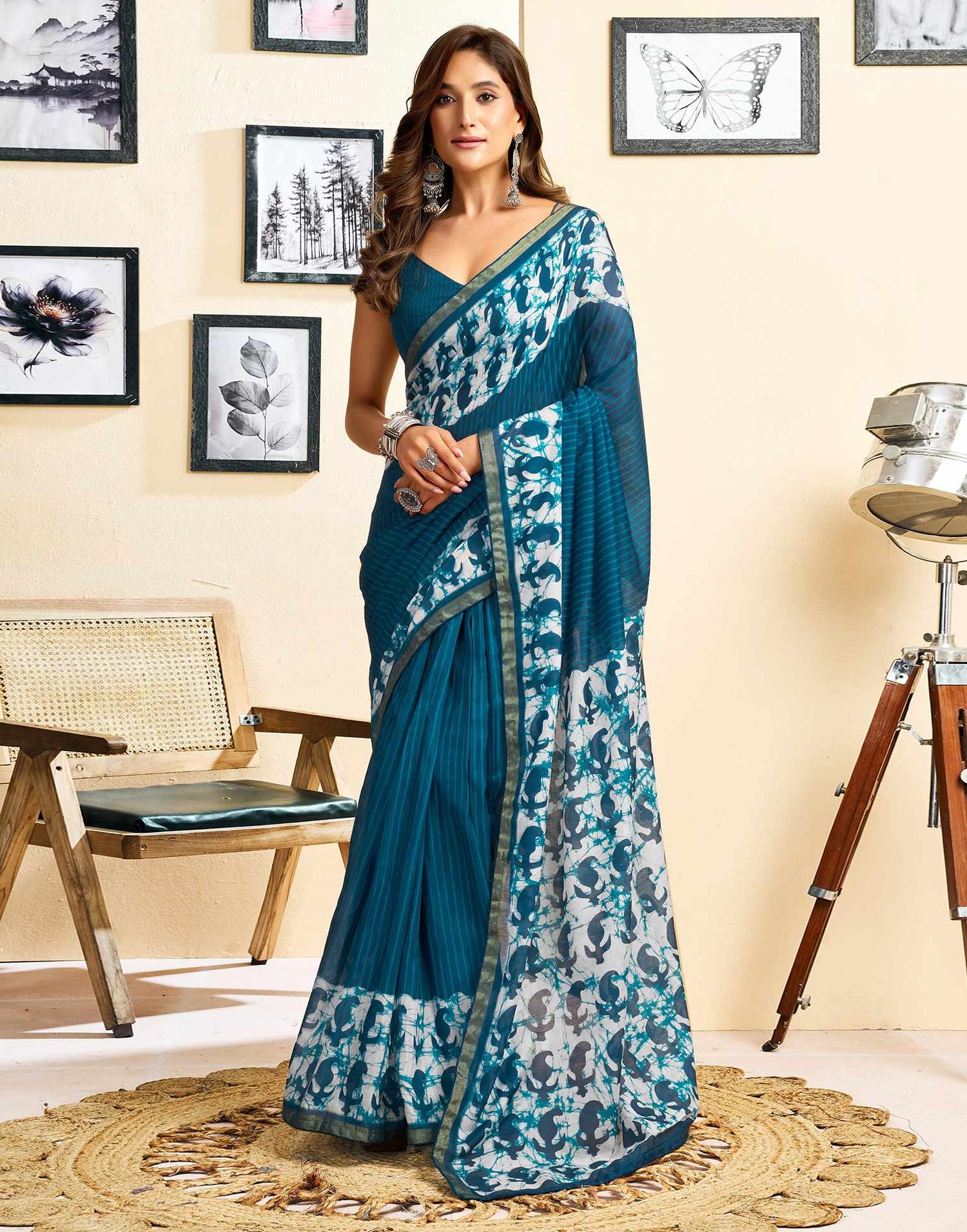 Ready To Wear Blue Linen Printed Saree