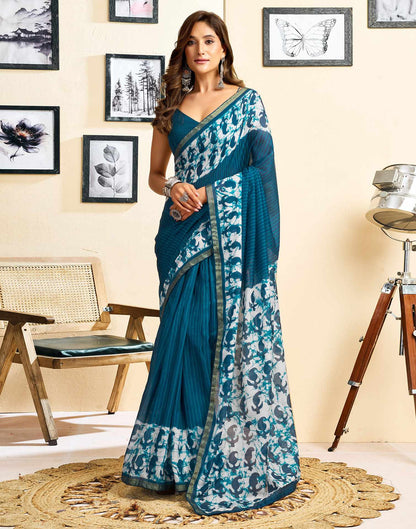 Ready To Wear Blue Linen Printed Saree