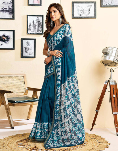 Ready To Wear Blue Linen Printed Saree