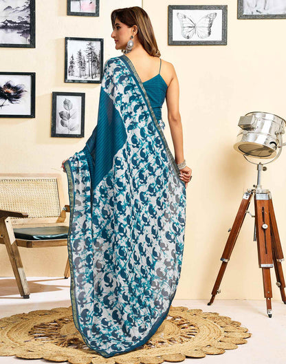Ready To Wear Blue Linen Printed Saree