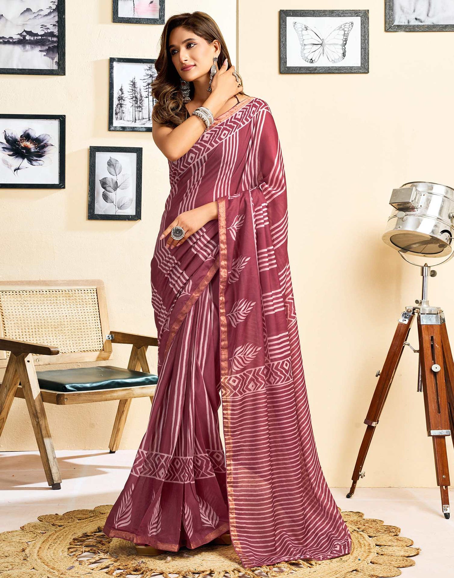 Ready To Wear Dusty Wine Linen Printed Saree
