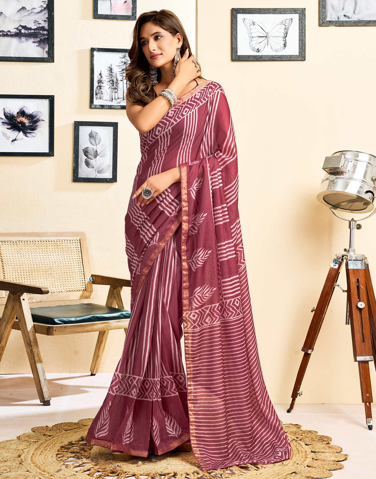 Ready To Wear Dusty Wine Linen Printed Saree
