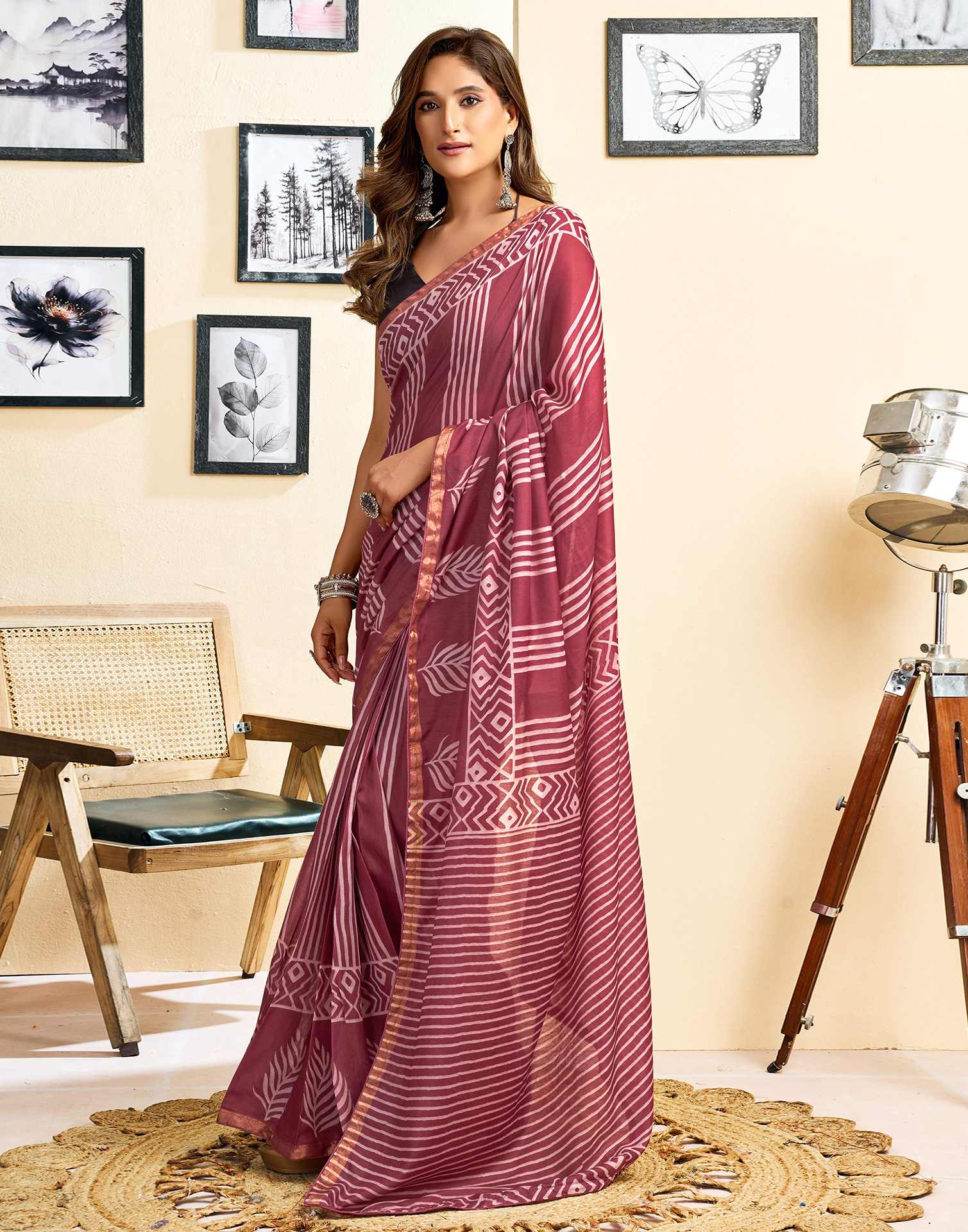 Ready To Wear Dusty Wine Linen Printed Saree