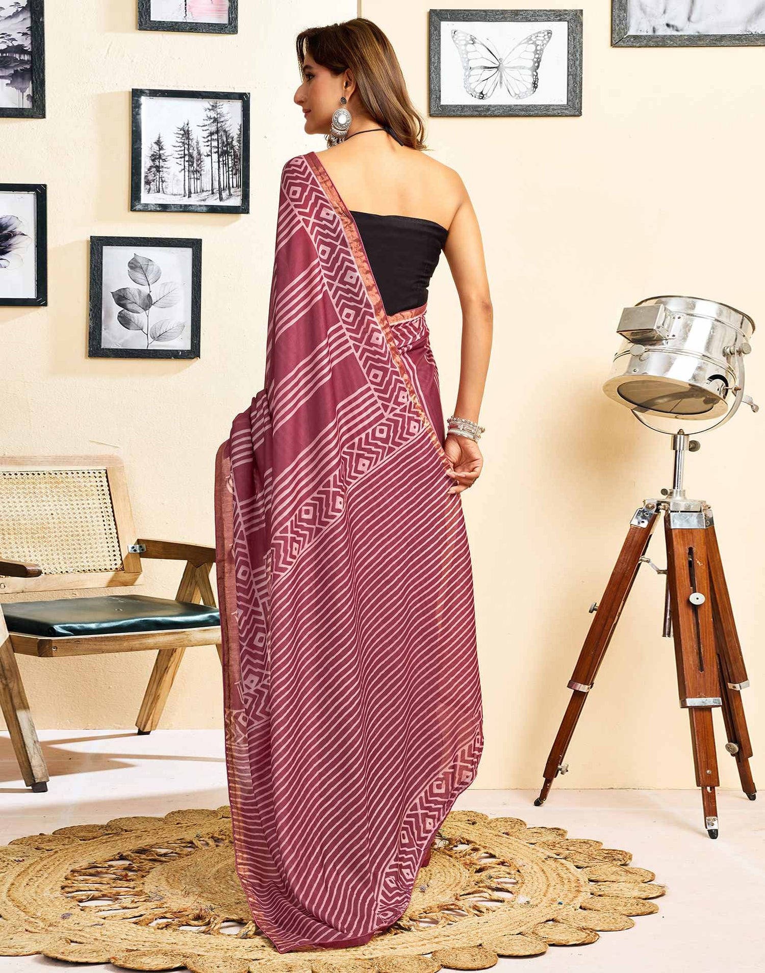 Ready To Wear Dusty Wine Linen Printed Saree