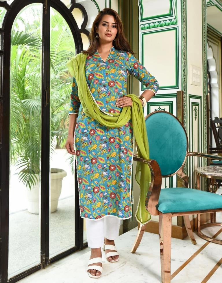 Turquoise Blue Printed Rayon Straight kurta With Pant And Dupatta