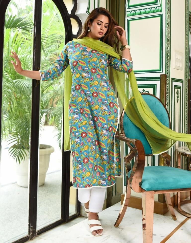 Turquoise Blue Printed Rayon Straight kurta With Pant And Dupatta