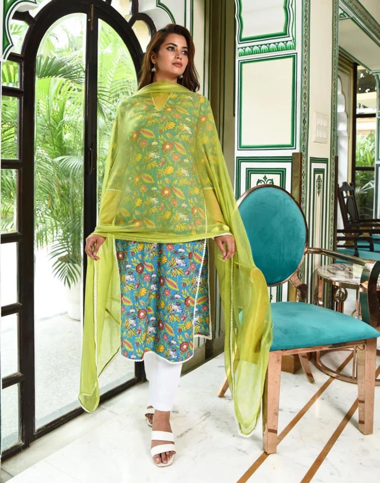 Turquoise Blue Printed Rayon Straight kurta With Pant And Dupatta