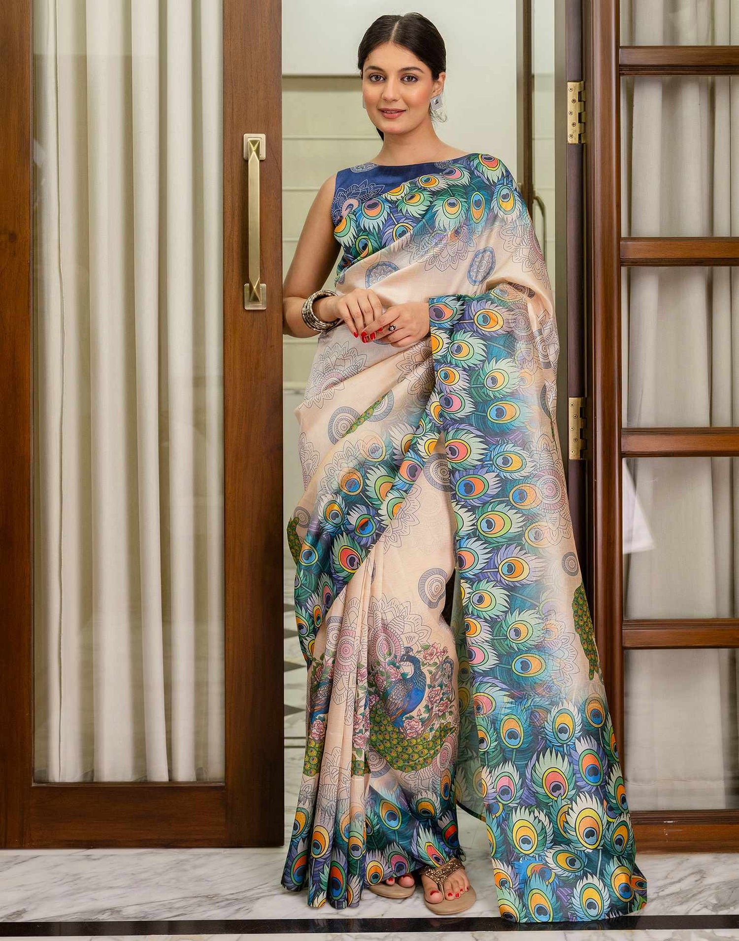 Ready To Wear Peach Silk Printed Saree