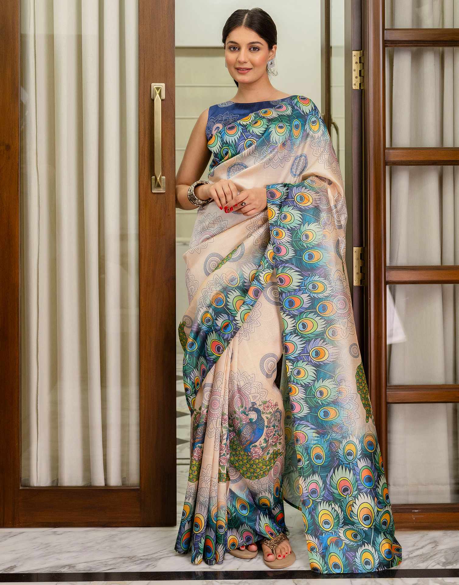 Ready To Wear Peach Silk Printed Saree