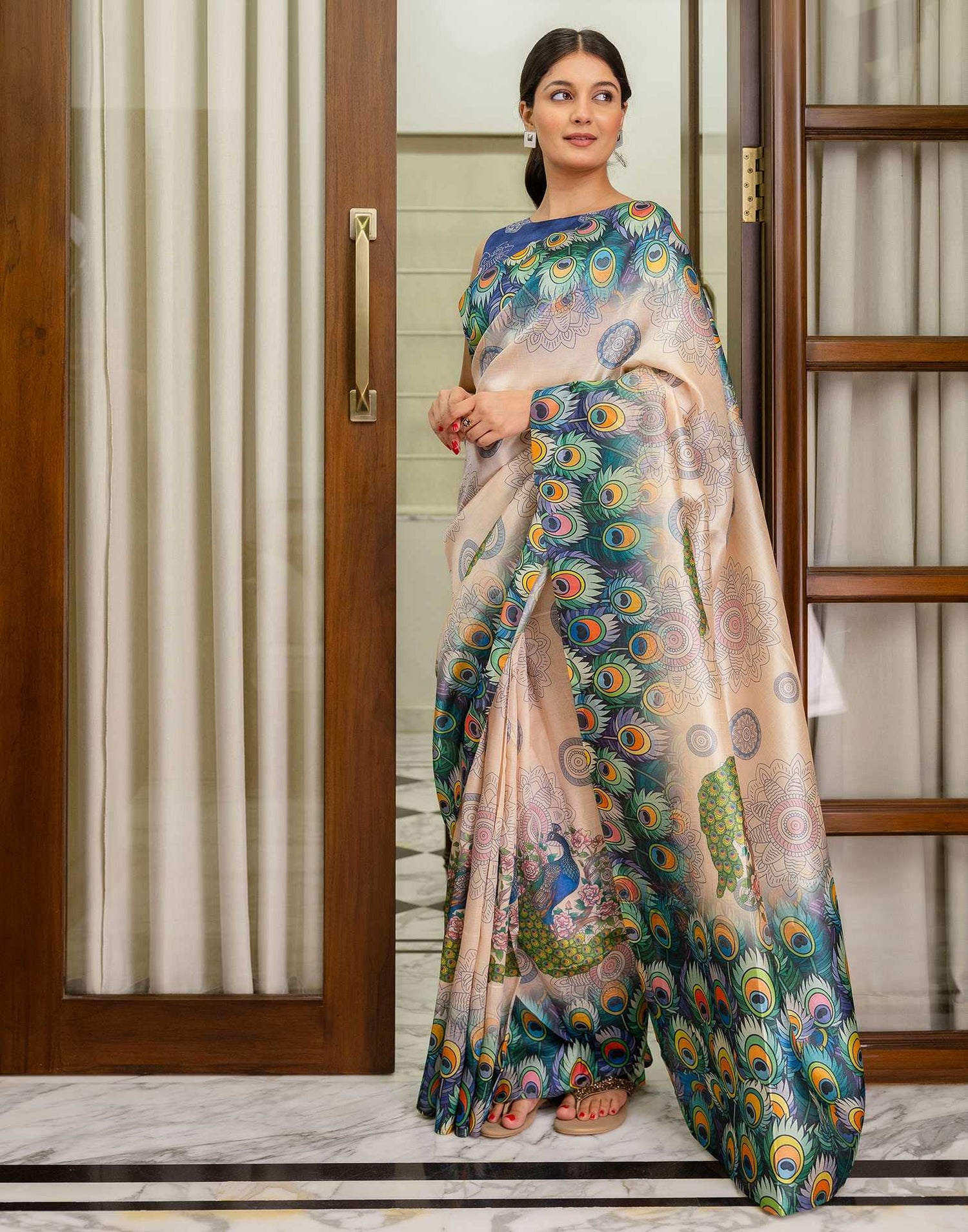 Ready To Wear Peach Silk Printed Saree
