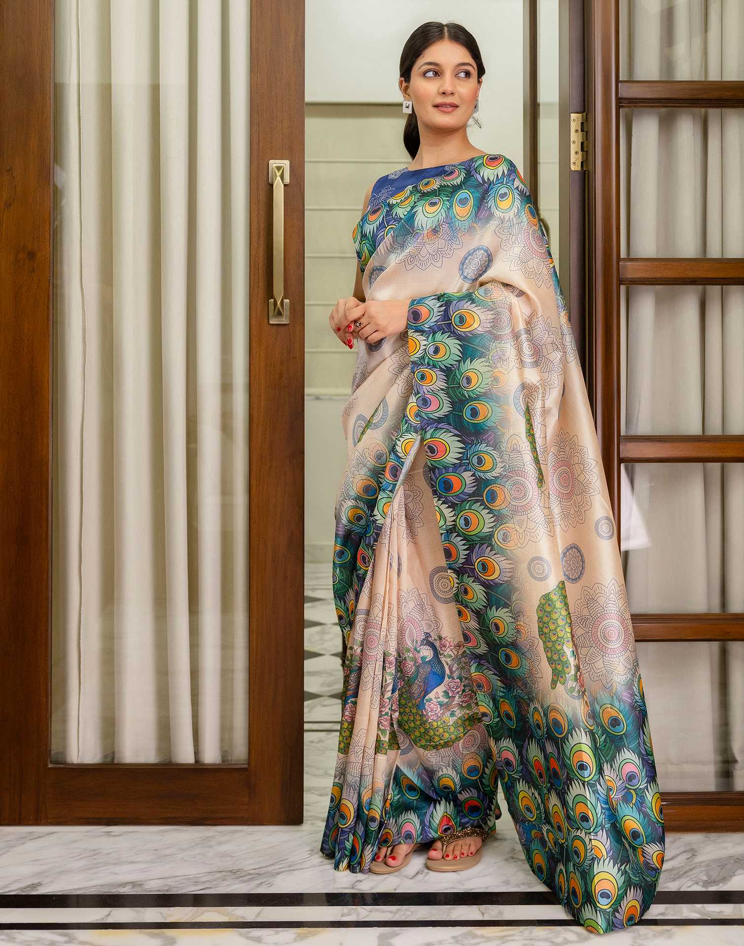 Ready To Wear Peach Silk Printed Saree