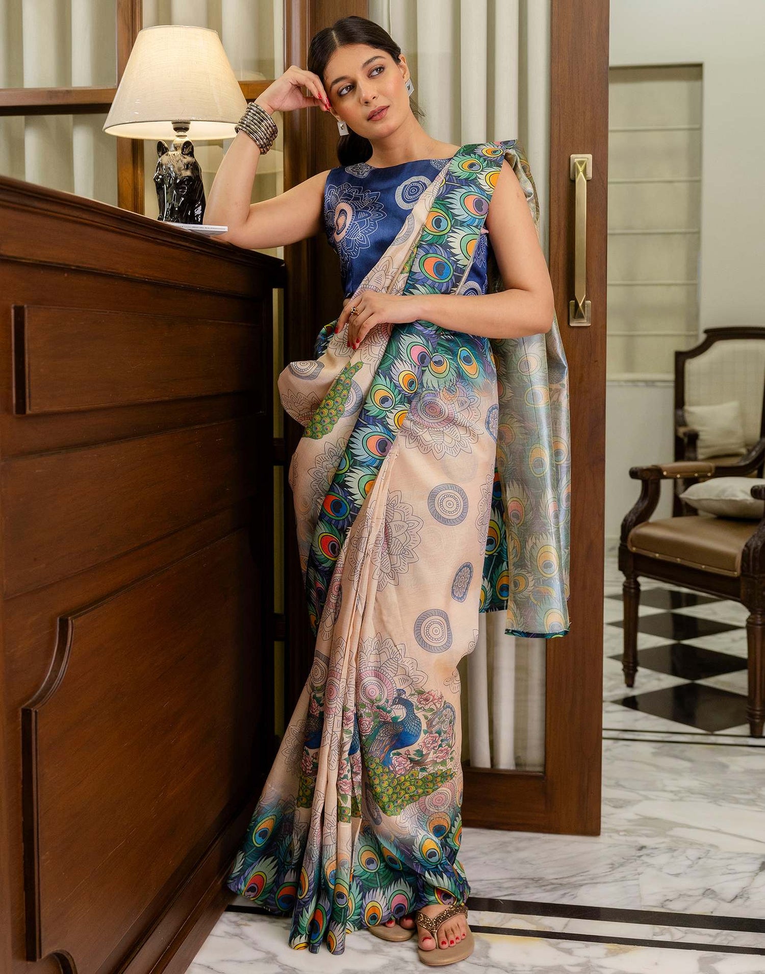 Ready To Wear Peach Silk Printed Saree