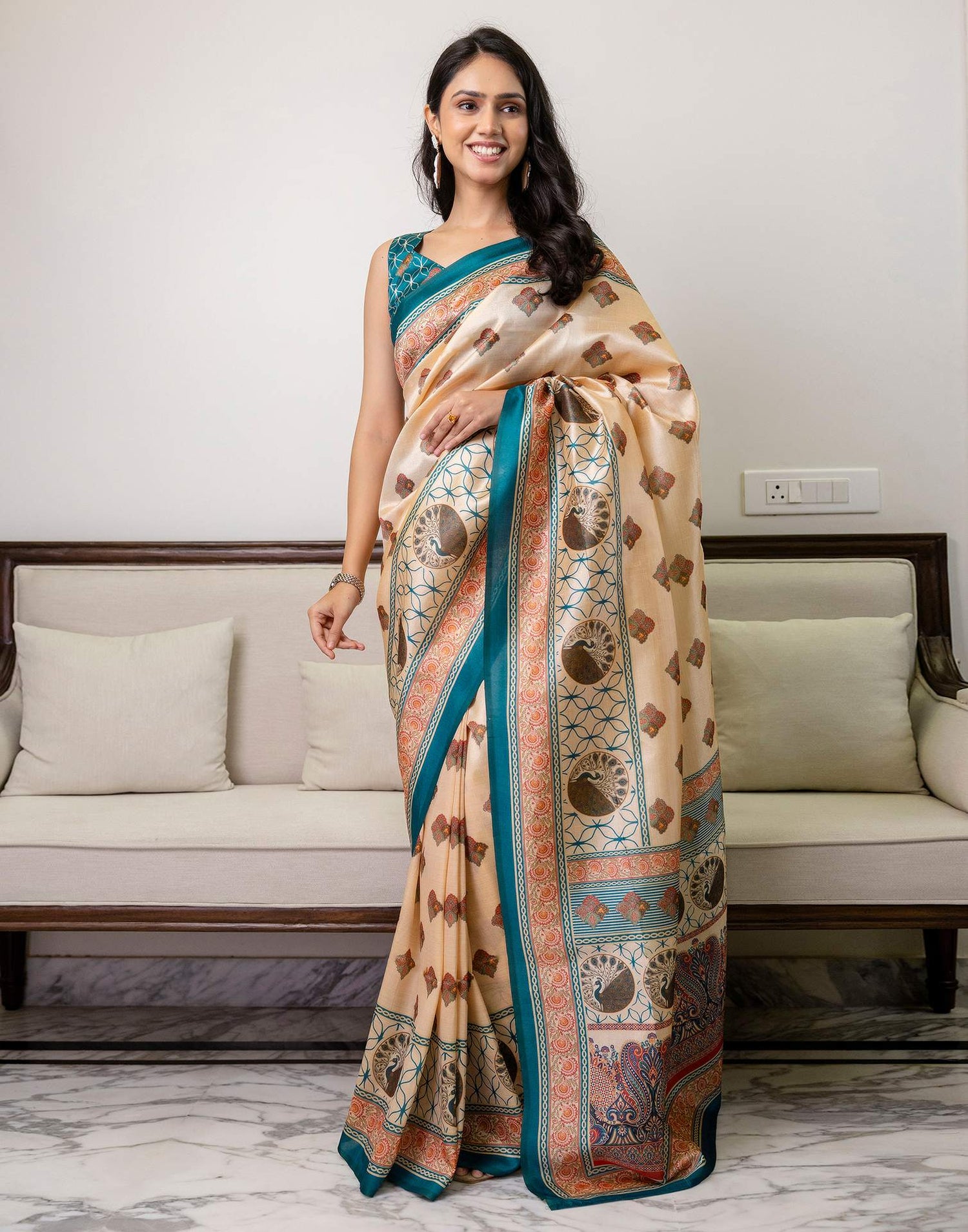 Ready To Wear Beige Silk Printed Saree
