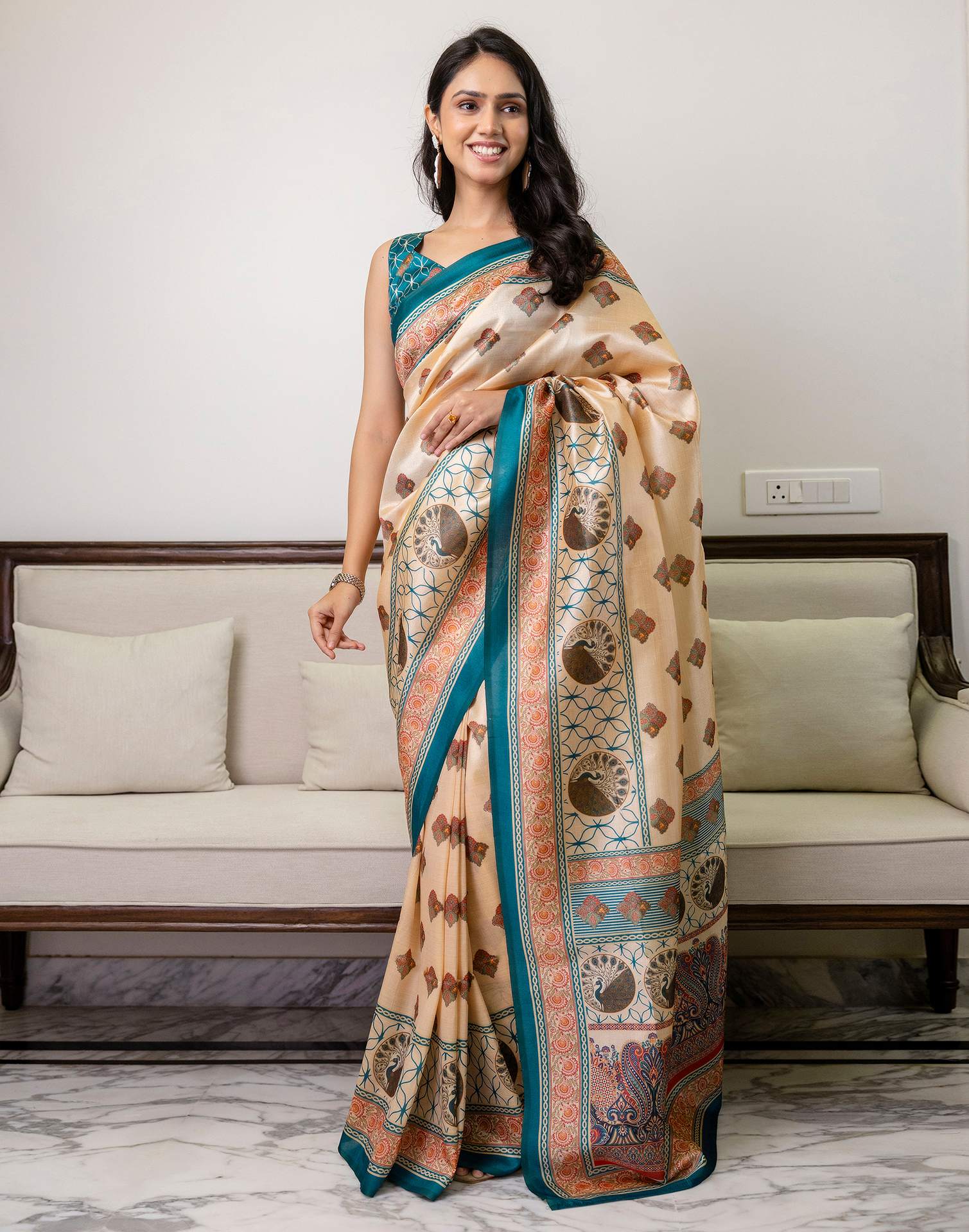 Ready To Wear Beige Silk Printed Saree